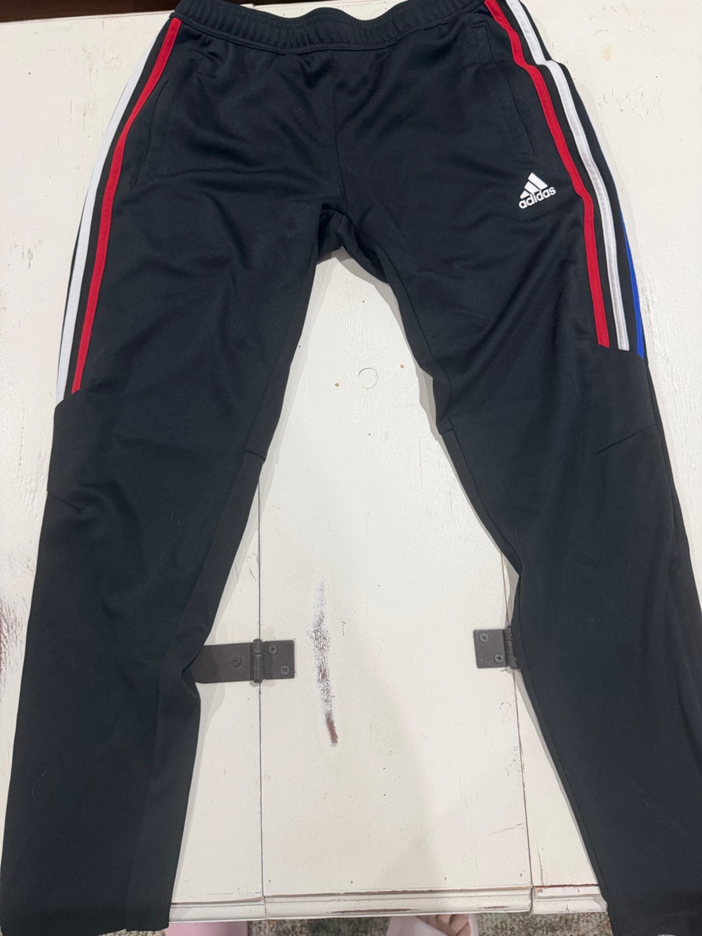 Adidas Black Track Pants with Red White and Blue Side Stripes